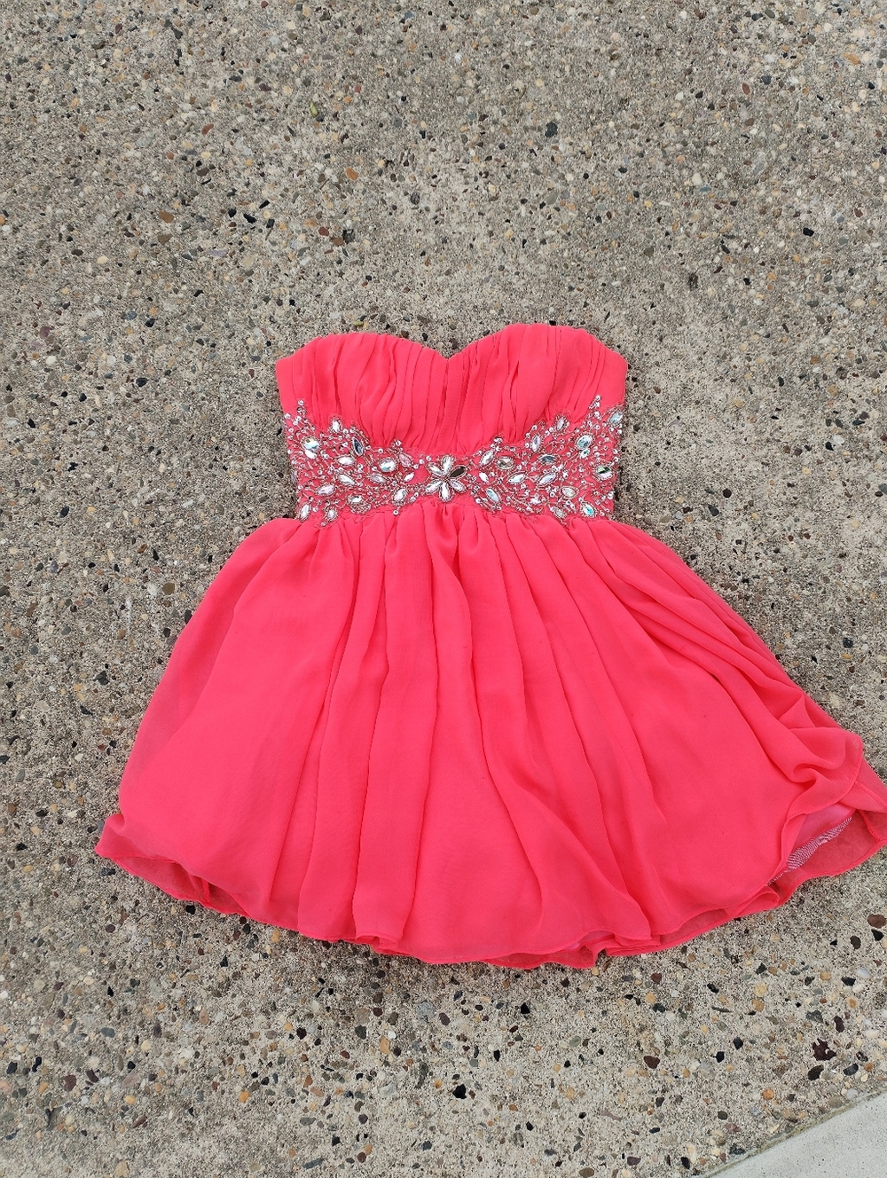 Deb Strapless Coral Pink Chiffon Dress with Jeweled Waist